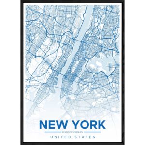 Tableau NEW YORK avec cadre noir ALL BLEU – Taille 32x42