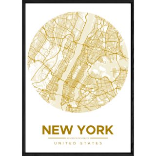 Tableau NEW YORK avec cadre noir ROUND JAUNE – Taille 23x32