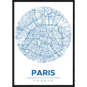 Tableau PARIS avec cadre noir ROUND BLEU – Taille 23x32