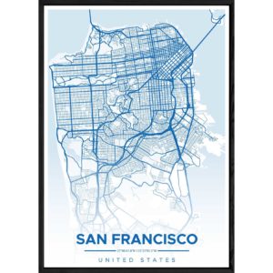 Tableau SAN FRANSISCO avec cadre noir ALL BLEU – Taille 23x32