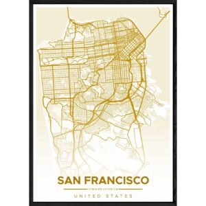 Tableau SAN FRANSISCO avec cadre noir ALL JAUNE – Taille 23x32