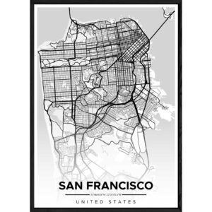 Tableau SAN FRANSISCO avec cadre noir ALL MONOCHROME – Taille 23x32