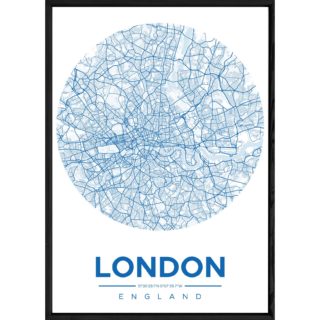 Tableau LONDON avec cadre noir ROUND BLEU – Taille 23x32