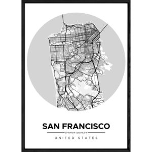 Tableau SAN FRANSISCO avec cadre noir ROUND MONOCHROME – Taille 32x42