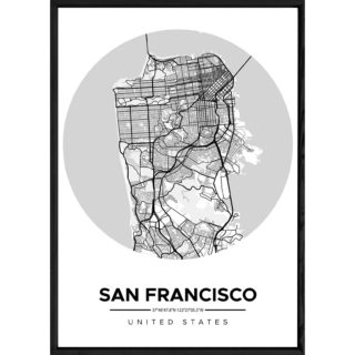 Tableau SAN FRANSISCO avec cadre noir ROUND MONOCHROME – Taille 23x32