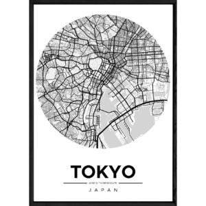 Tableau TOKYO avec cadre noir ROUND MONOCHROME – Taille 23x32